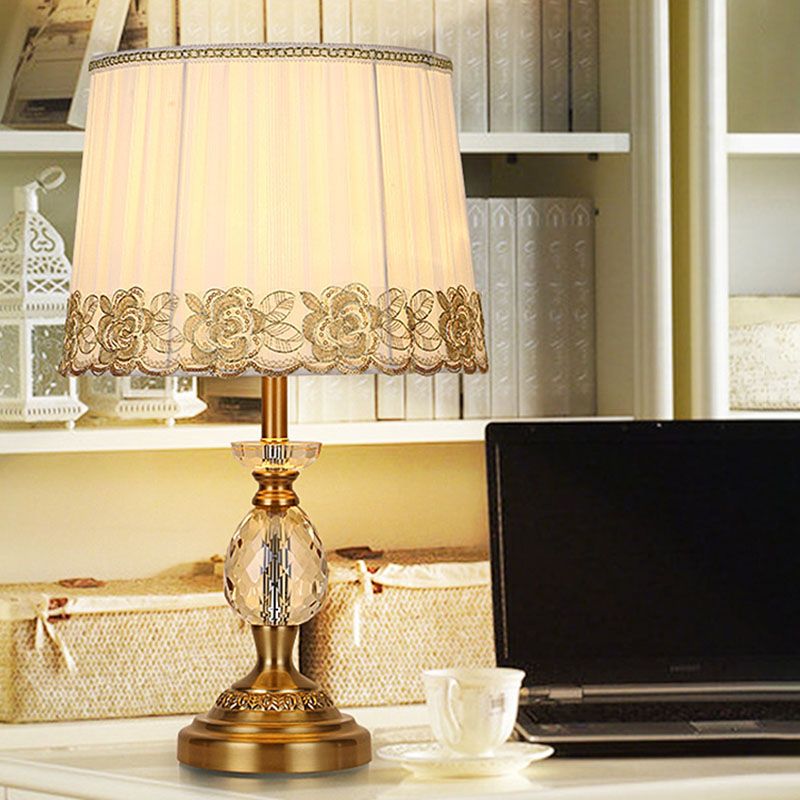 Fabric Beige Table Lamp Tapered Drum 1 Light Minimalism Night Light with Crystal Base