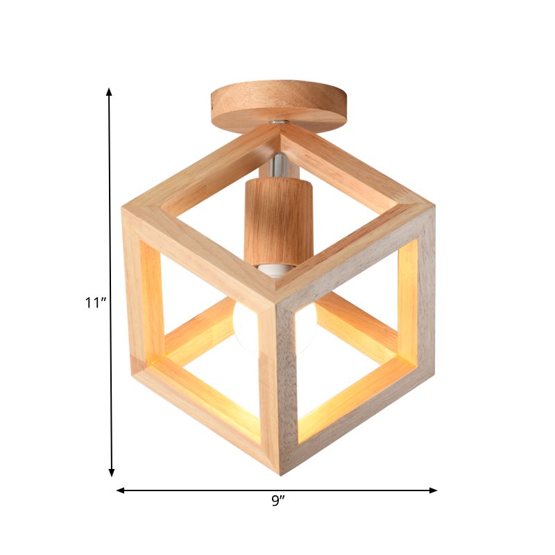 Houten kubus kooi semi-inbouwlamp Nordic 1 lamp beige plafondgemonteerde verlichtingsarmatuur voor gang