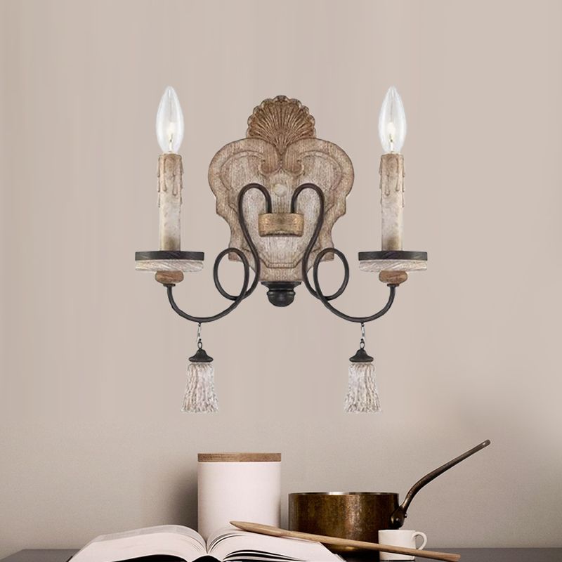 Lámpara de pared de salón con 2 luces de madera de campo estilo vela negra/blanca