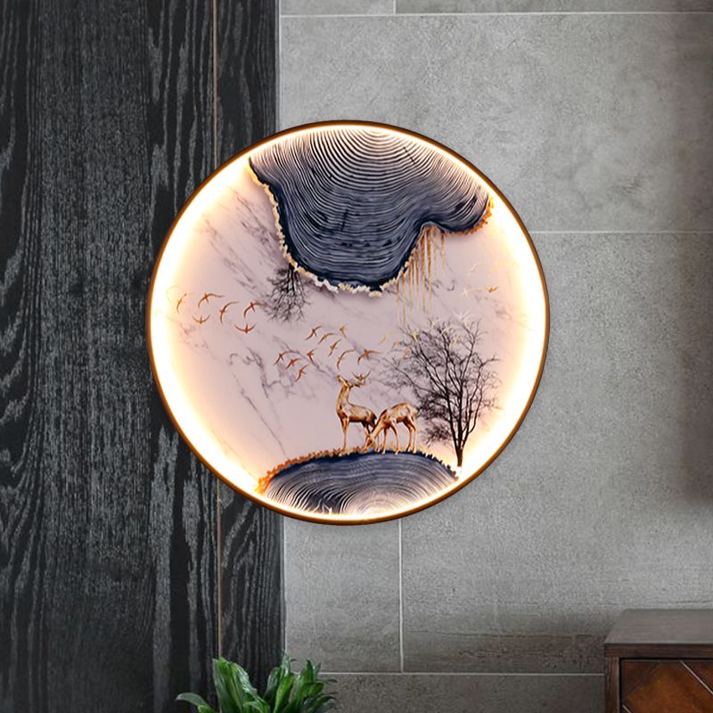 Elk/Bird Painting Wall Mural Lamp Asia Fabric Black LED Sconce Light Fixture for Tearoom