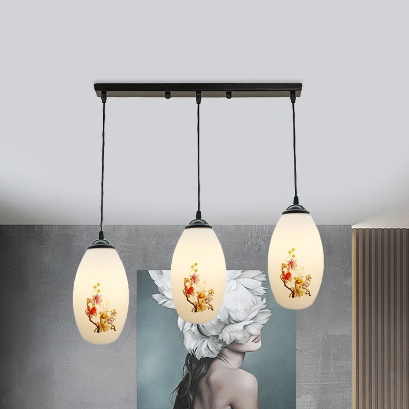 3 Bulbs Multiple Hanging Light Modern Oblong Frosted White Glass Linear/Round Canopy Pendulum Lamp with Flower Pattern