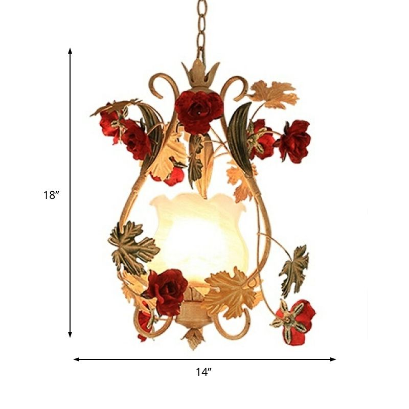 Single Bulb Suspension Lighting Korean Flower Scrolled Arm White Glass Hanging Pendant