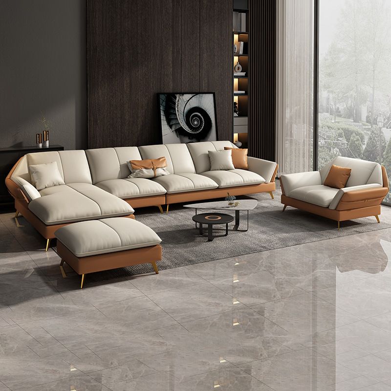 32"H Glam Sectional Sofa White Leather Cushion Back Sleeper Sectional