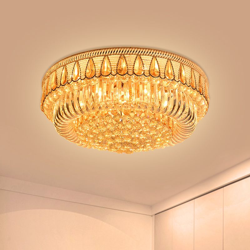 7 Heads Clear Crystal Orbs Flush Light Fixture Modern Gold Finish Drum Living Room Ceiling Mount