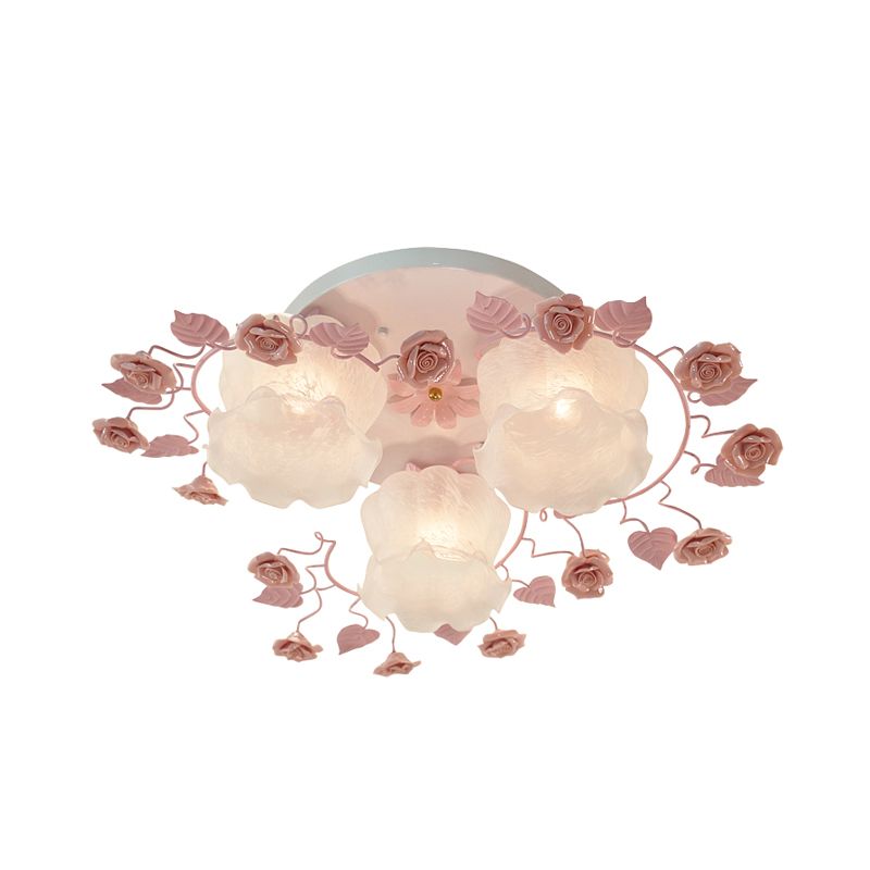 Floral White Glass Ceiling Mounted Fixture Traditional 3/5 Bulbs Living Room Flush Mount Lamp in Pink/Green