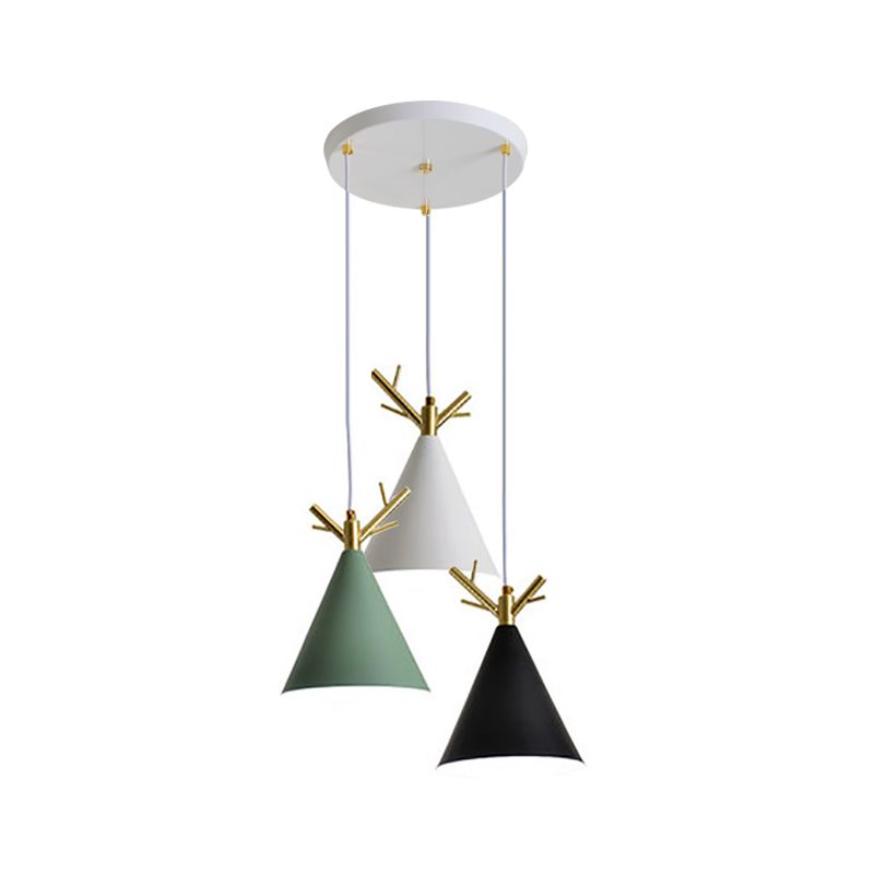 Nordic Conical Cluster Pendant Metallic 3-Head Dining Room Antler Ceiling Light with Round/Linear Canopy in White