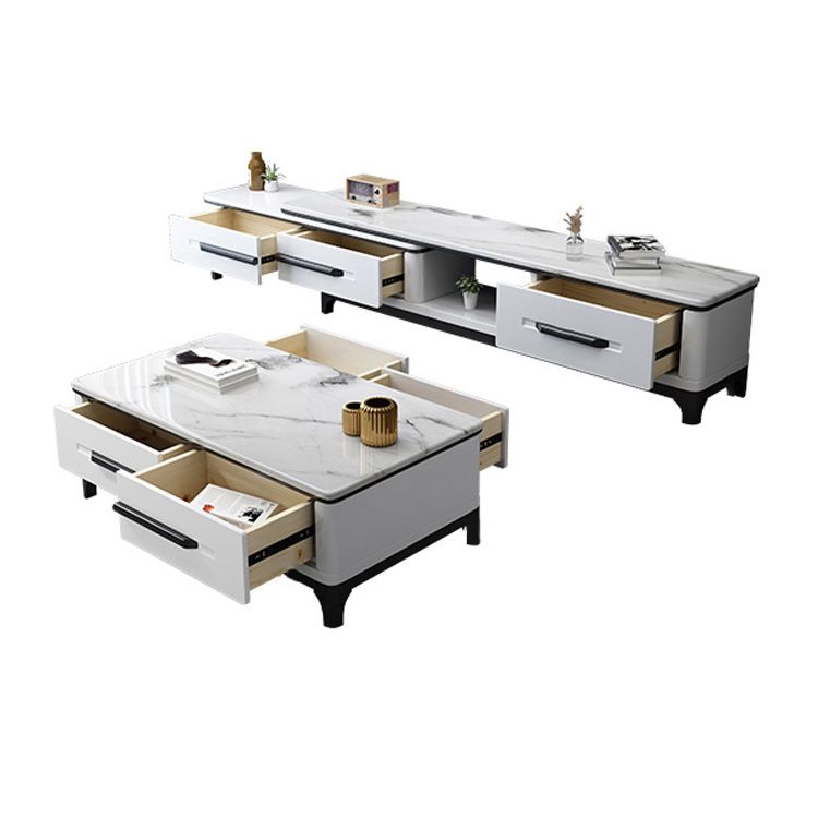White Contemporary Rectangular Marble Coffee Cocktail Table with Storage