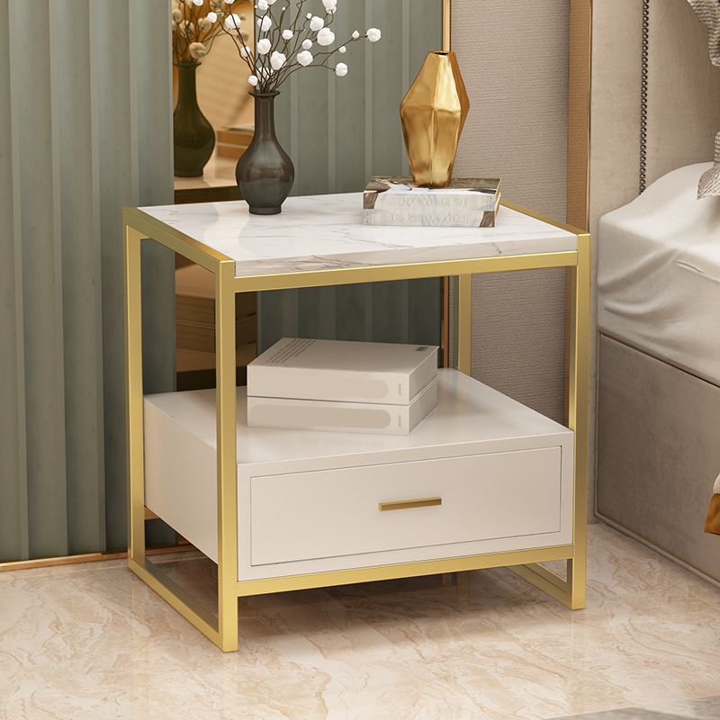Glam Metal Night Table Faux Marble 1-Drawer Open Storage Bedside Cabinet in White/Black