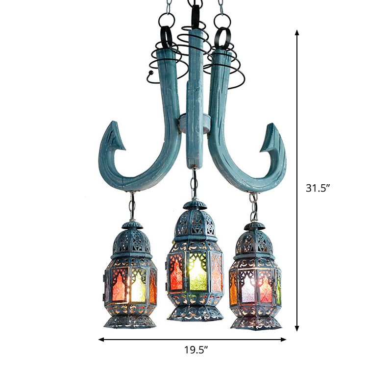 3 Lights Lantern Pendant Chandelier Mediterranean Blue Metal Hanging Lamp with Wooden Hook Rod