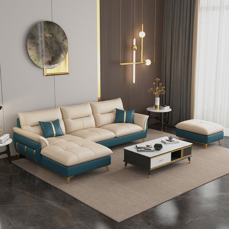 Genuine Leather Sectional Sofa 35.82" High Cream Sofa with Cushion Back