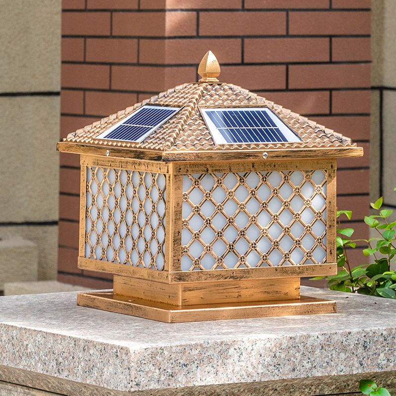 Retro Rectangle Shade Solar Pier Mount Light Frosted Acrylic LED Post Lighting for Outdoor