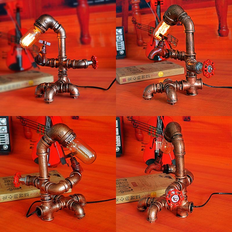 Iron Pipe Man Table Lighting Rustic 1 Head Restaurant Table Lamp with Red Valve and Faucet in Bronze Finish