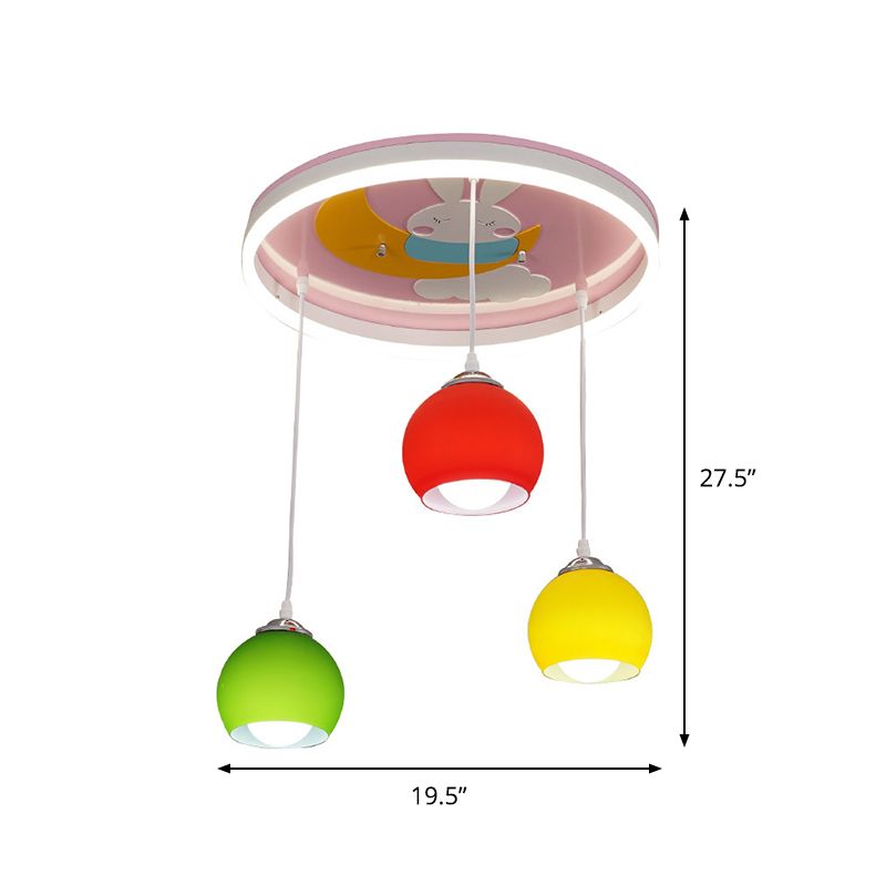 Rabbit Pattern Circle Semi Flush Light Cartoon Acrylic 3-Head Pink Ceiling Mount Lamp with Dangling Colorful Dome Shade