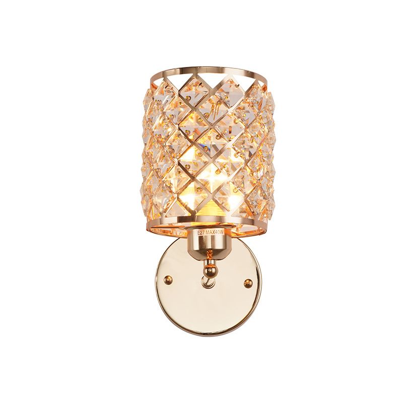 1 Lampenkristalleingefügte Wandleuchte Einfaches Goldzylindrisch -Gitter -Wohnzimmer Lampe Lampe