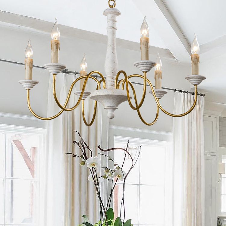 6 Lights Wood Suspended Lighting Fixture Traditional Curving Dining Room Ceiling Suspension Lamp