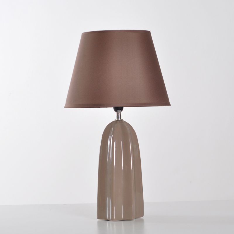 Fabric Barrel Table Light Modernist 1 Bulb White/Brown Night Lamp with Prism Ceramics Base