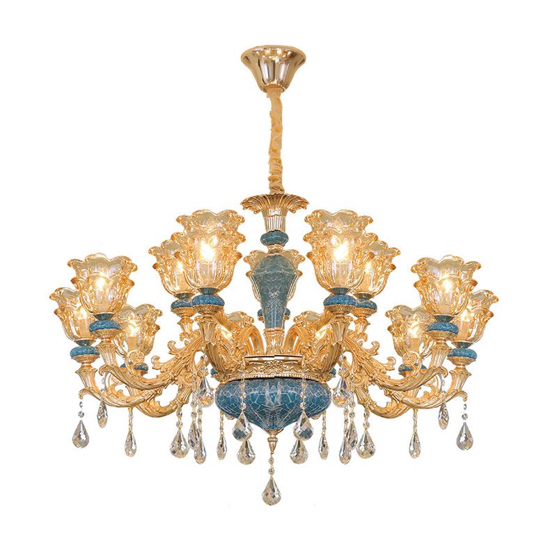 Ruffled Edge Living Room Chandelier Light Retro Handblown Glass Gold Pendant Light Fixture with Crystal Draping