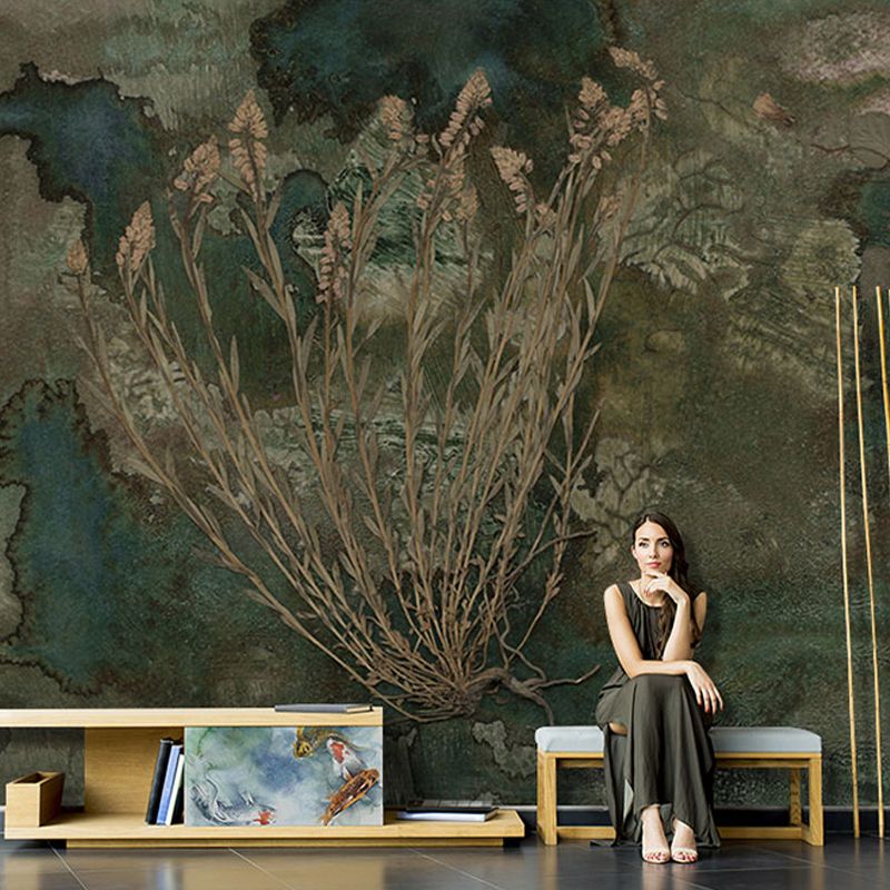 Non-Woven Big Mural Blackish Green Tropical Bush and Forest Wall Covering, Custom Size Available