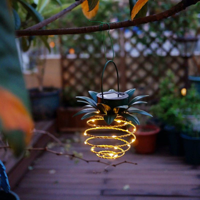Yellow Pineapple LED Pendant Light Art Decor Metal Solar Hanging Lamp for Backyard, 1 Pc