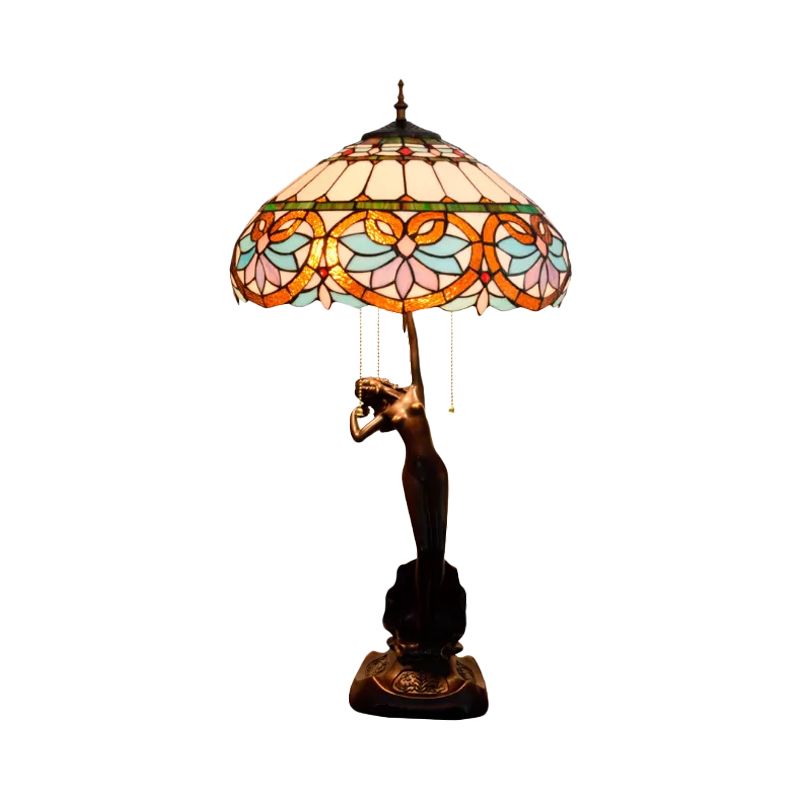 3-Head Nightstand Lamp Mediterranean Spikelet Beige/Teardrop-Edge Blue and White/Flower Blue and Brown Glass Table Light with Pulling Chain