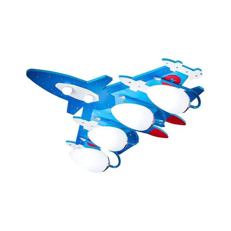 Blue Aircraft Flush Mounted Lamp Cartoon 4 Lights Wooden Ceiling Fixture with Oval Cream Glass Shade
