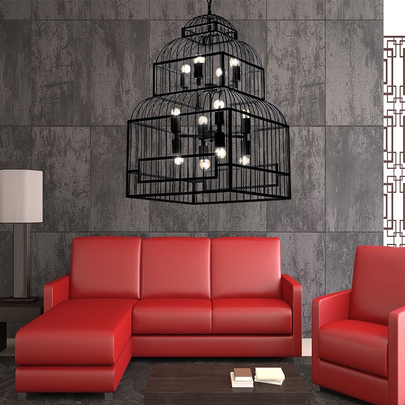 12 Lights Metal Chandelier Lighting Rustic Black/Wood Exposed Bulb Living Room Hanging Ceiling Fixture with Cage