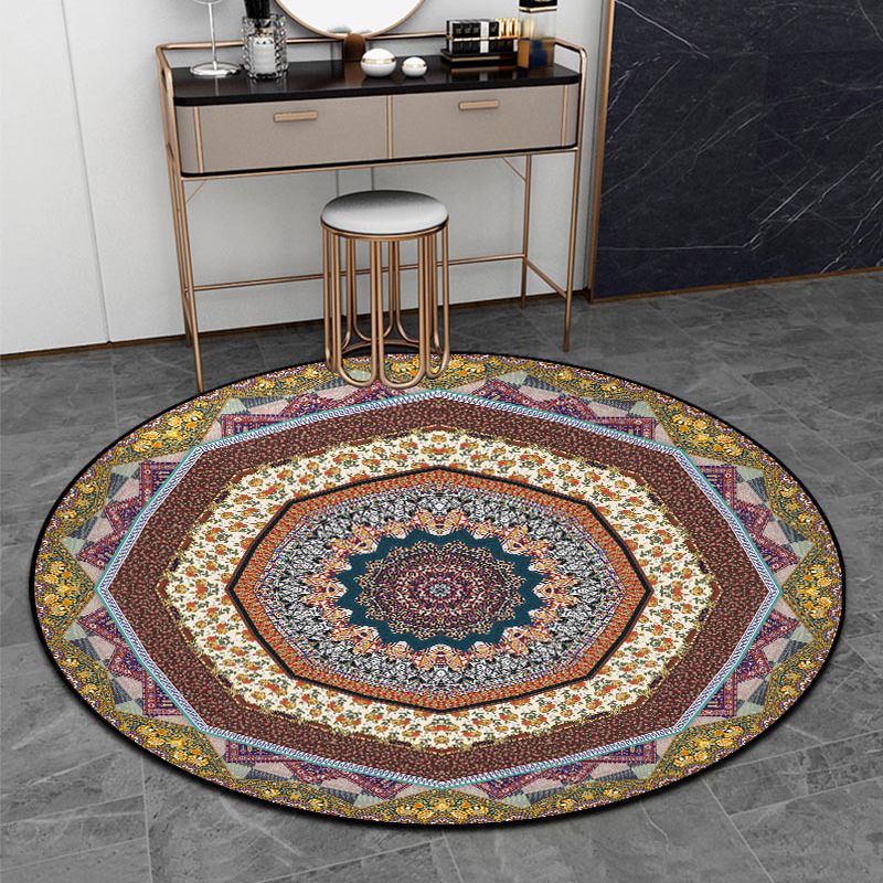 Round Paisley Print Carpet Antique Area Rug Polyester Non-Slip Backing Rug for Living Room