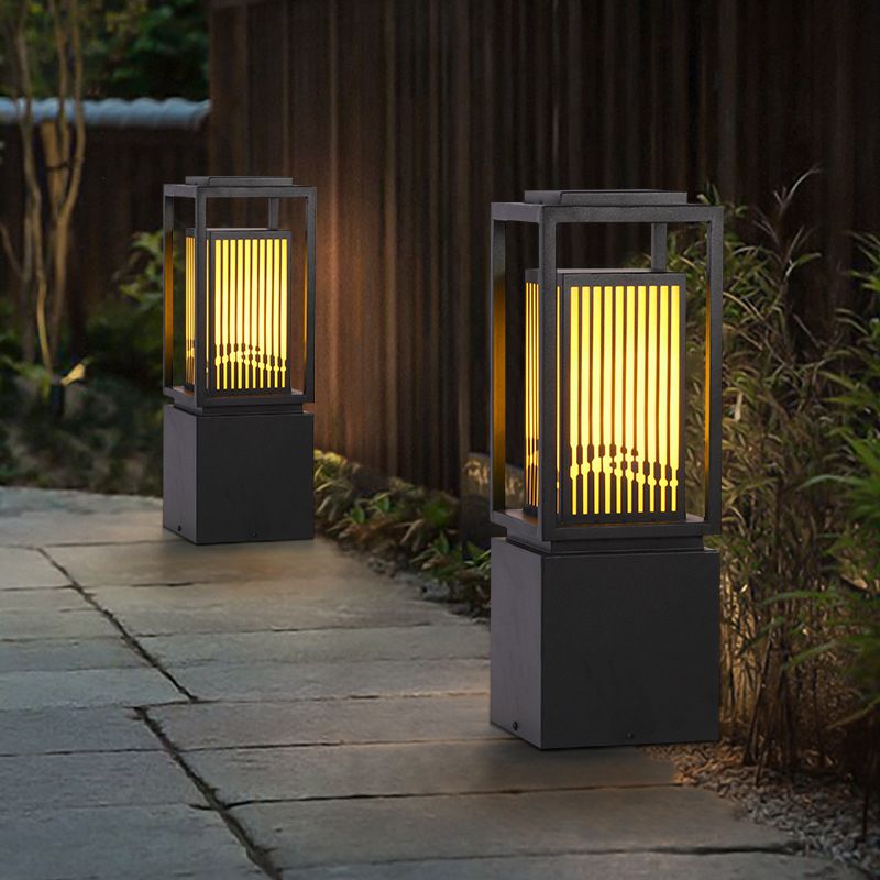 Modern Metal Solar Pillar Lamp Rectangle Shape Outdoor Waterproof Light in Black