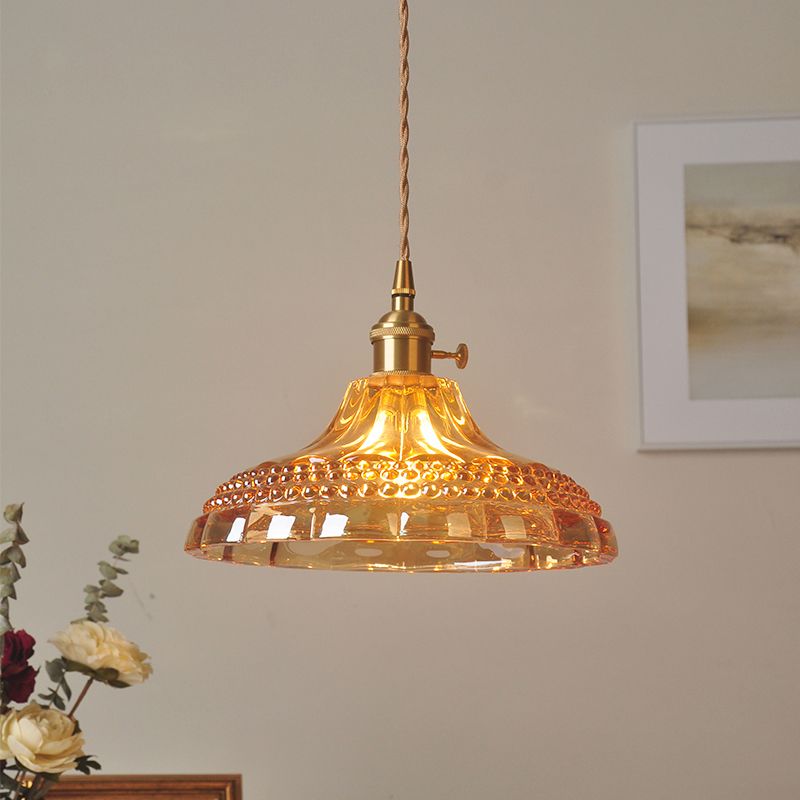 Amber Glass Pot Lid Hanging Light Simplicity 1 Bulb Restaurant Pendant Light Fixture