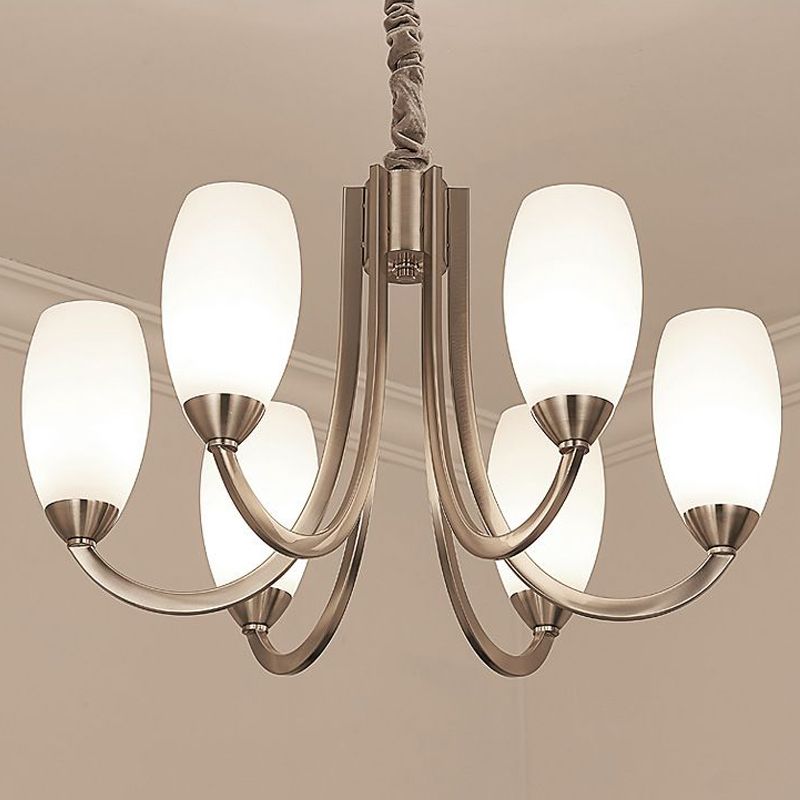 Nickel Finish Swoop Arm Chandelier Simplicity Metal Bedroom Pendant Light with Oval White Glass Shade