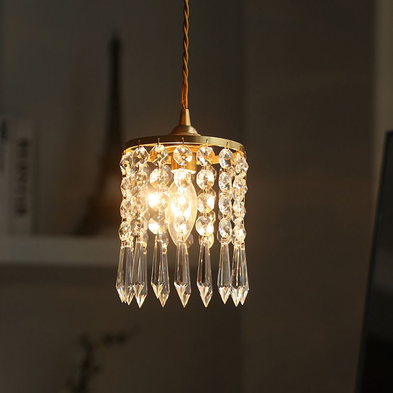 Contemporary Style Cylinder LED Pendant Crystal 1 Light Hanging Lamp in Clear