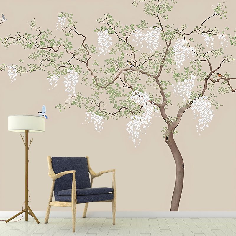 Simple Tree Mural Wallpaper in Green and Brown Living Room Wall Decor, Custom-Made