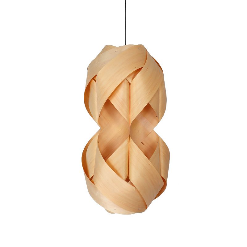 1 Bulb Hand Woven Pendant Light Chinese Wood Suspended Lighting Fixture in Beige