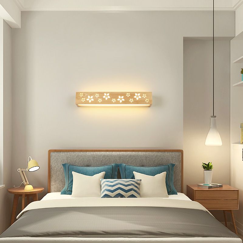Wooden Cutouts Flower Wall Lamp Japanese Style Beige LED Wall Sconce Light with Shelf Function