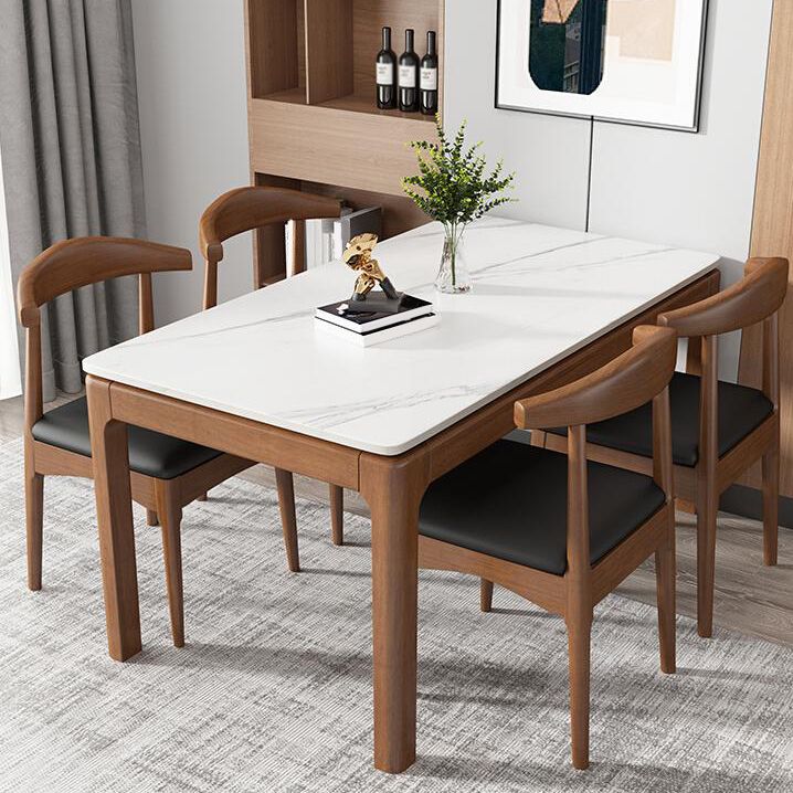 Rectangle Stone Top Dining Table Rubberwood Solid Wood 4 Legs Dining Table
