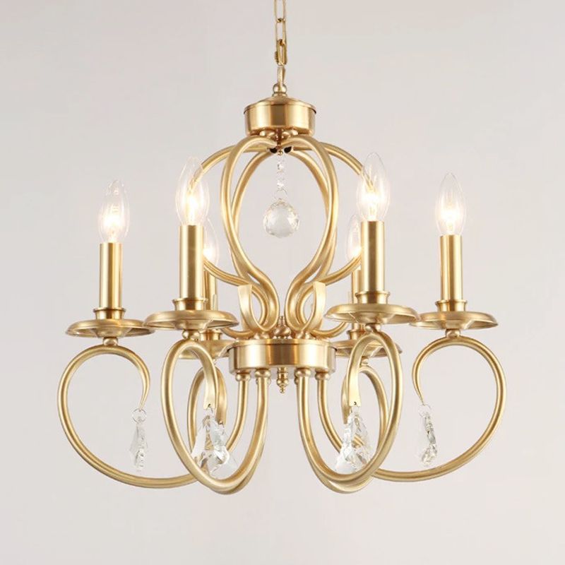 Gold Candle Chandelier Lighting Nordic Metal 6/8 Bulbs Hanging Ceiling Light with Curved Arm