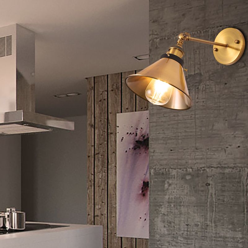 Rotatable Barn/Cone Shade Wall Lamp Industrial Style Metal 1 Head Wall Lighting Fixture in Brass for Kitchen