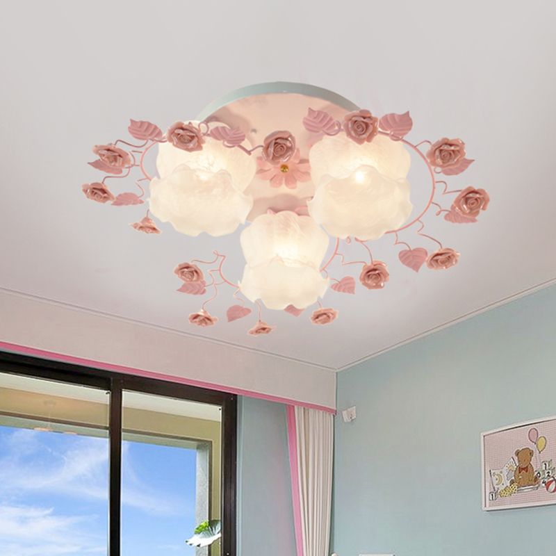 Floral White Glass Ceiling Mounted Fixture Traditional 3/5 Bulbs Living Room Flush Mount Lamp in Pink/Green