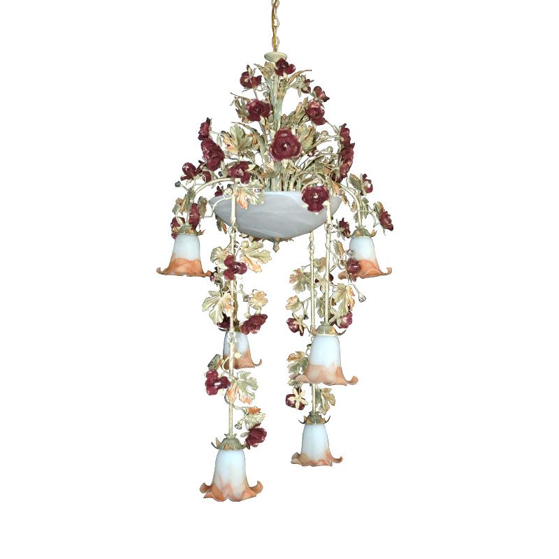 Blossom White Glass Chandelier Lighting Pastoral 10 Bulbs Bedroom LED Suspension Lamp in Pink/Red