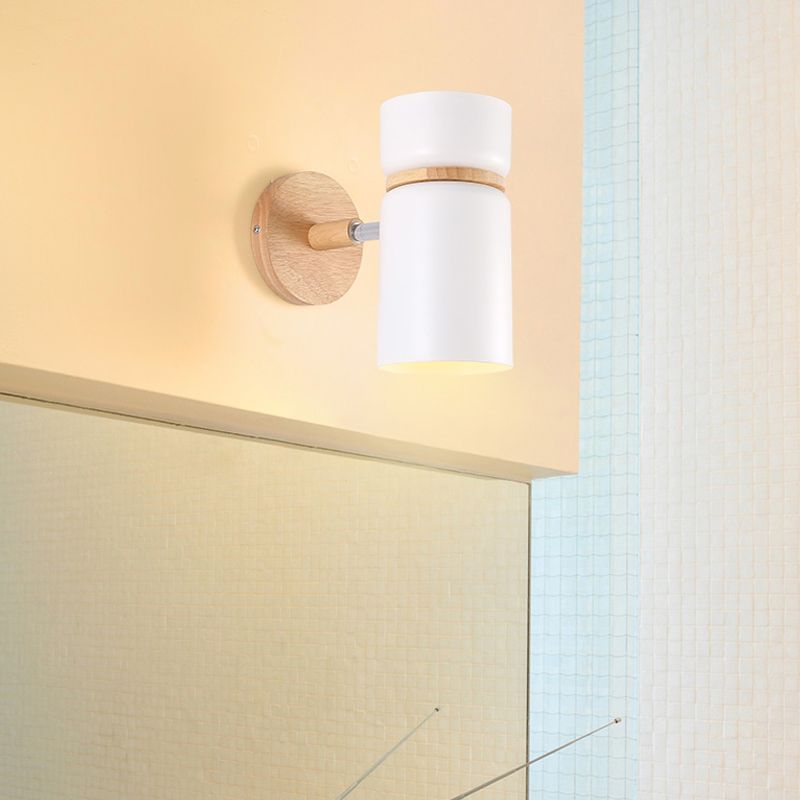 1 Bulb Cylinder Sconce Light Modern Metal Wall Mounted Lighting in Grey/White with Round Wood Backplate