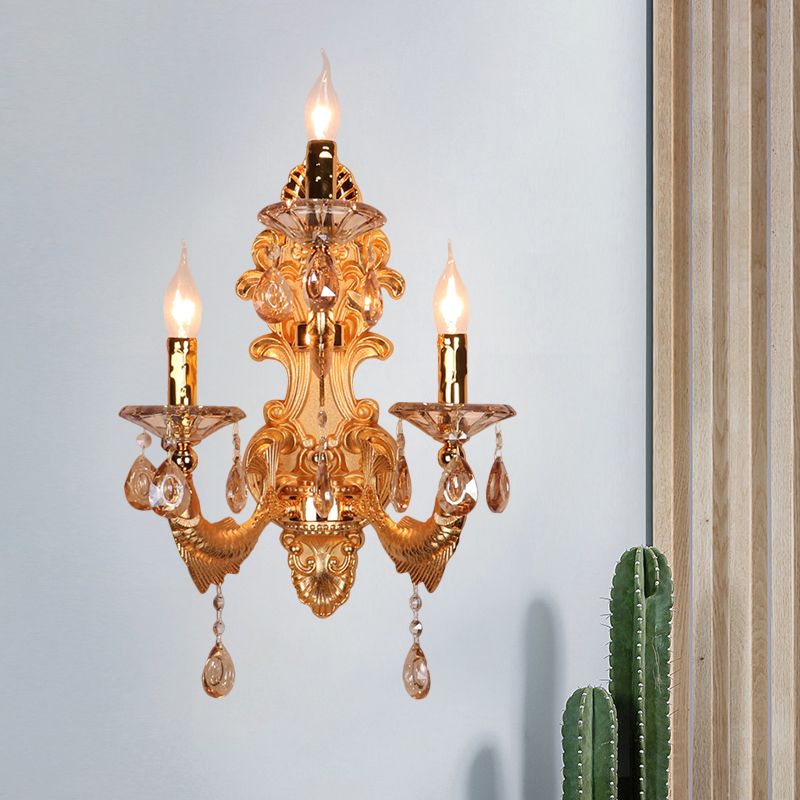 3-Head Candelabra Wall Sconce Traditional Gold Crystal Droplets Wall Lighting Fixture with Shade/Shadeless