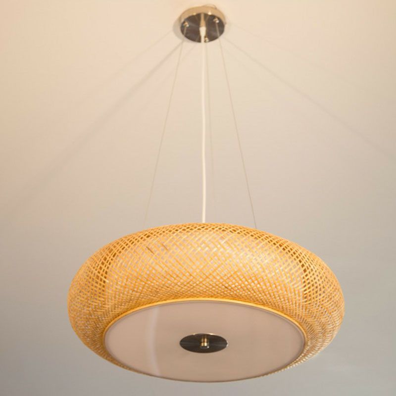 Rounded Drum Restaurant Chandelier Lighting Bamboo 3 Bulbs Minimalist Pendant Light in Wood