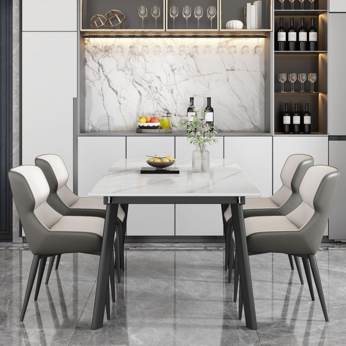 Contemporary 1/4/5/7 Pieces Dining Chairs Set Stone Rectangle Furniture in White