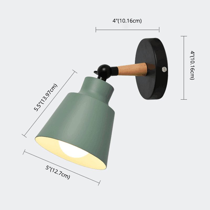 Nordic Macaroon Style Sconce Lights Conical Metal Shade Single Bulb Wooden Wall Mount Lamp for Bedroom