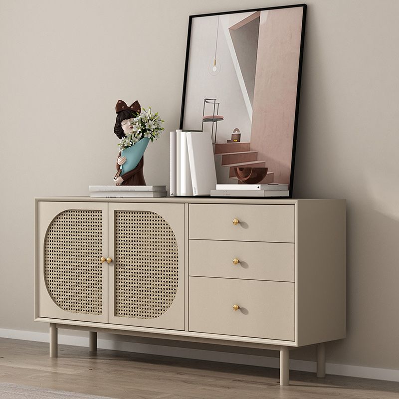 Solid Wood Glass/Rattan Door Cabinet Mid Century Beige Chest with Drawers