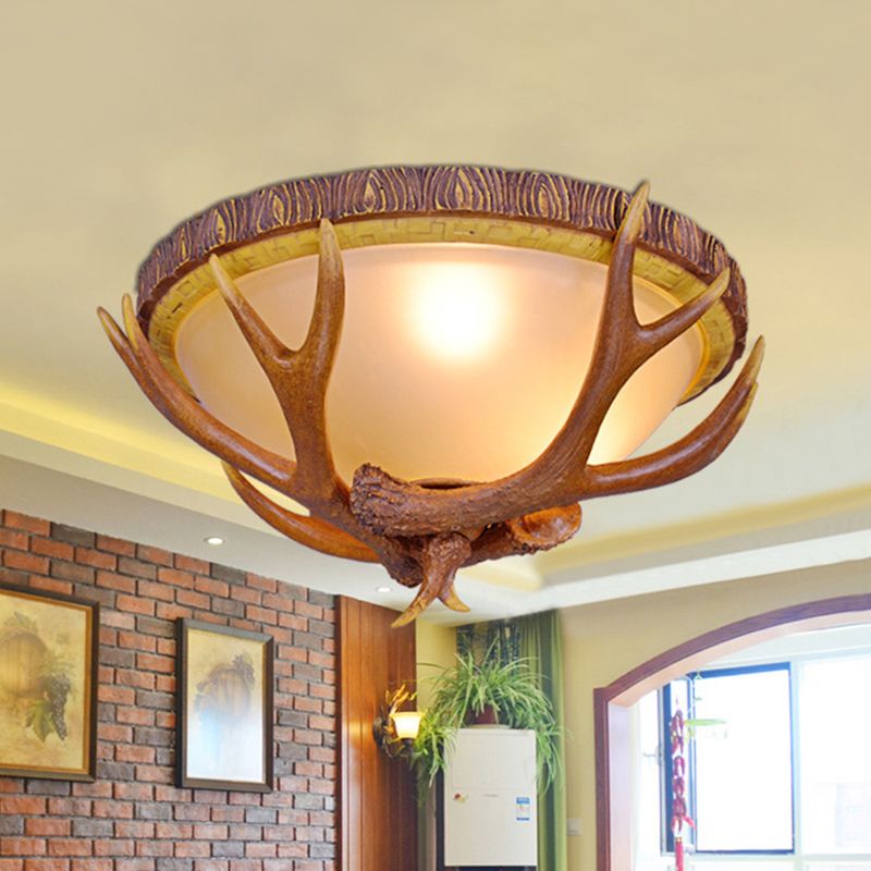 3 Lights Dome Flush Mount Farmhouse Brown Frosted Glass Ceiling Light Fixture with Antler Deco