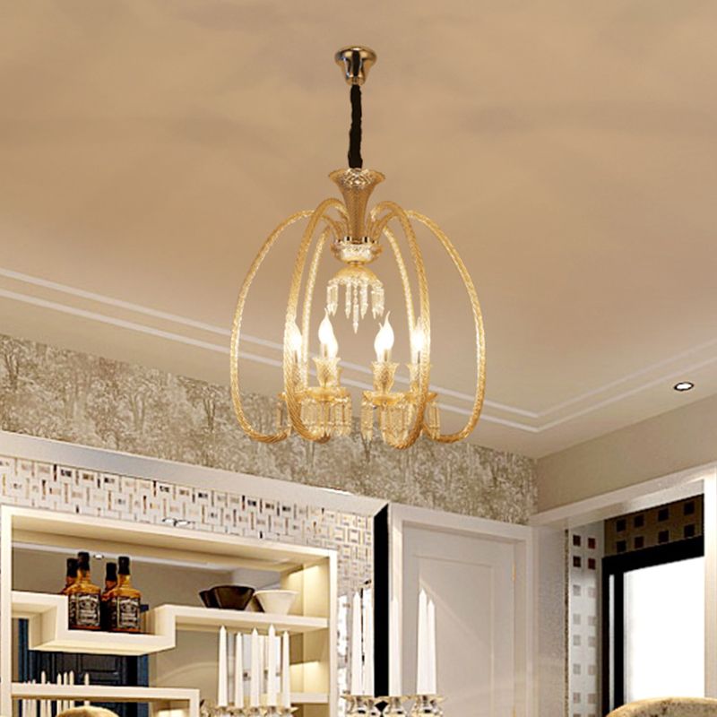 6/8 cabezas de lámpara colgante colgante de sala de estar antiguo con brazo de vidrio de coñac curvado y caída de cristal transparente