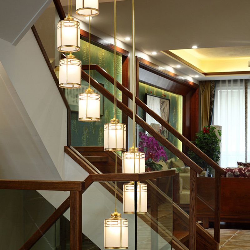 Lampada a sospensione cilindrica bianca in vetro bianco glassata Modern Modern Brass Multiple Hanging Lights for Duplex House