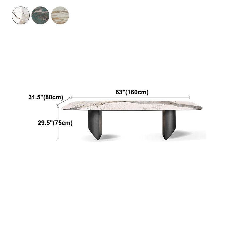 Rectangular Stone Dining Table Modern Green White Gold Furniture with Double Pedestal