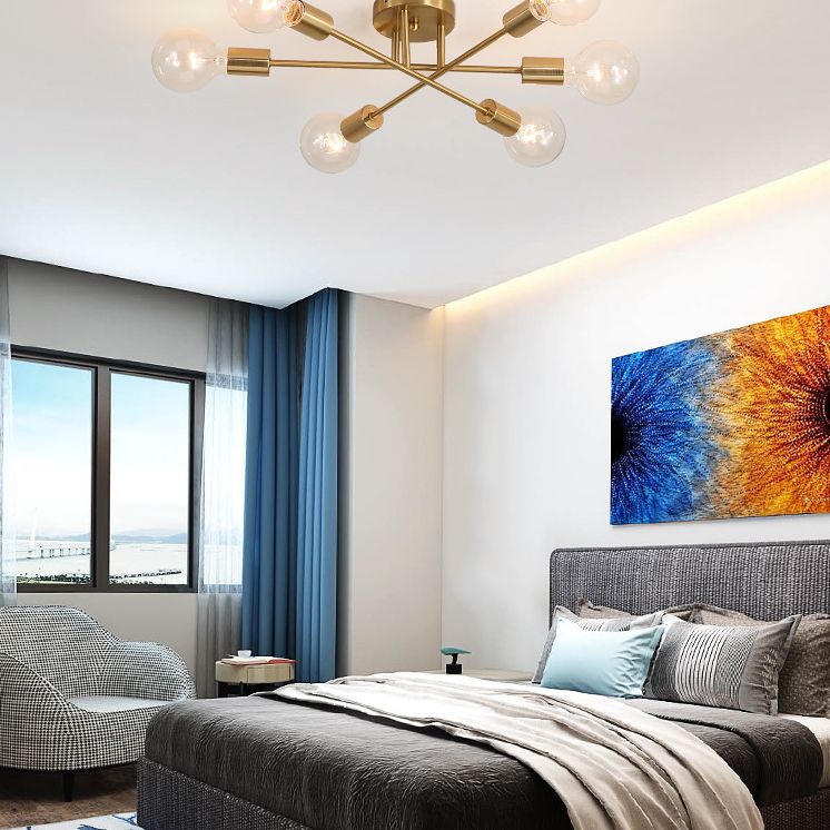 27.5 Inches Wide Bare Bulb Ceiling Lighting Fixture 6-Lights Industrial Style Simplicity Metal Semi Flush Mount Lamp